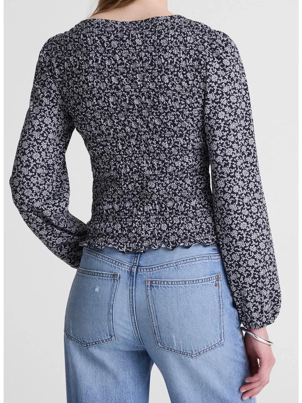 Madewell Navy Floral Long-Sleeve Smocked Top - Size Medium